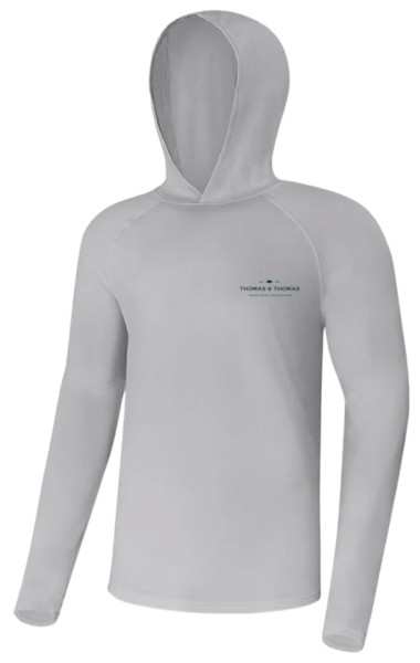 Thomas & Thomas Steel Grey Tech Hoody with Brown & Rainbow Trout on back UPF30+ Sun Protection